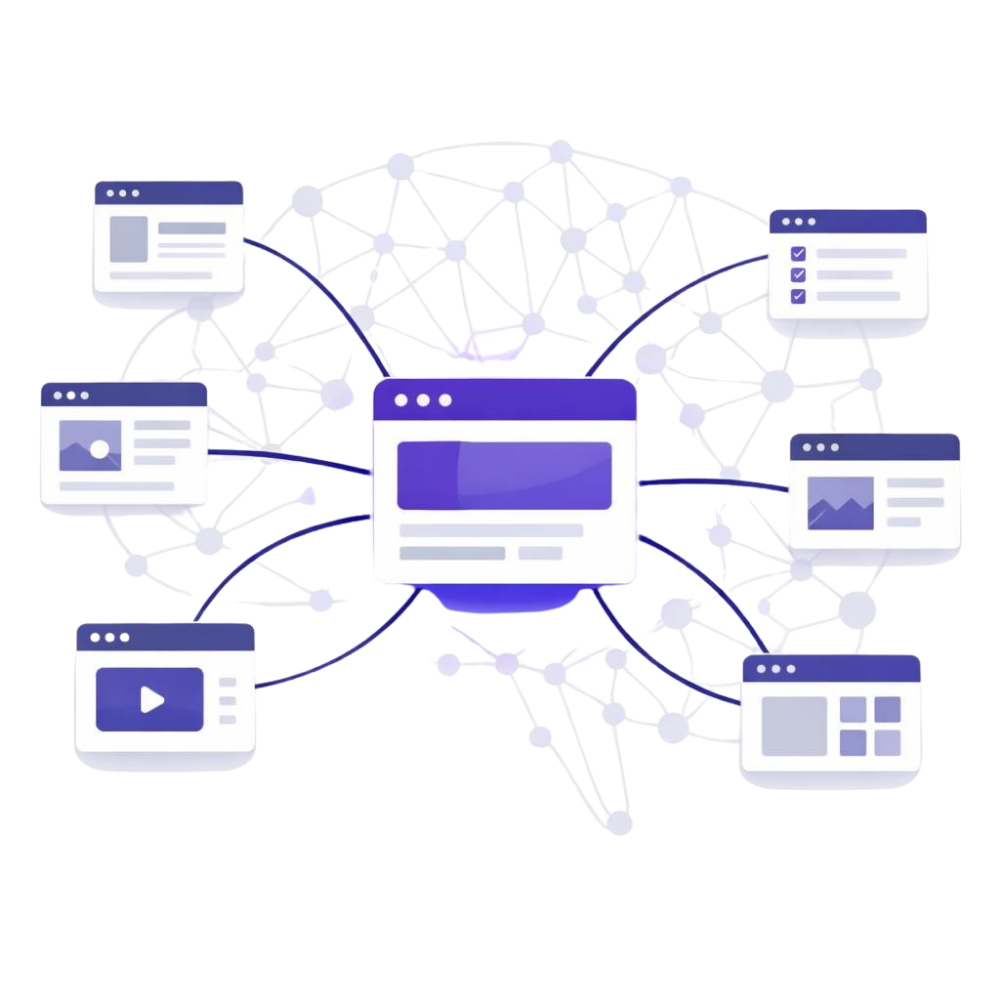 Illustratie van een websitenetwerk waarbij een centrale website autoriteit opbouwt via kwalitatieve linkverbindingen