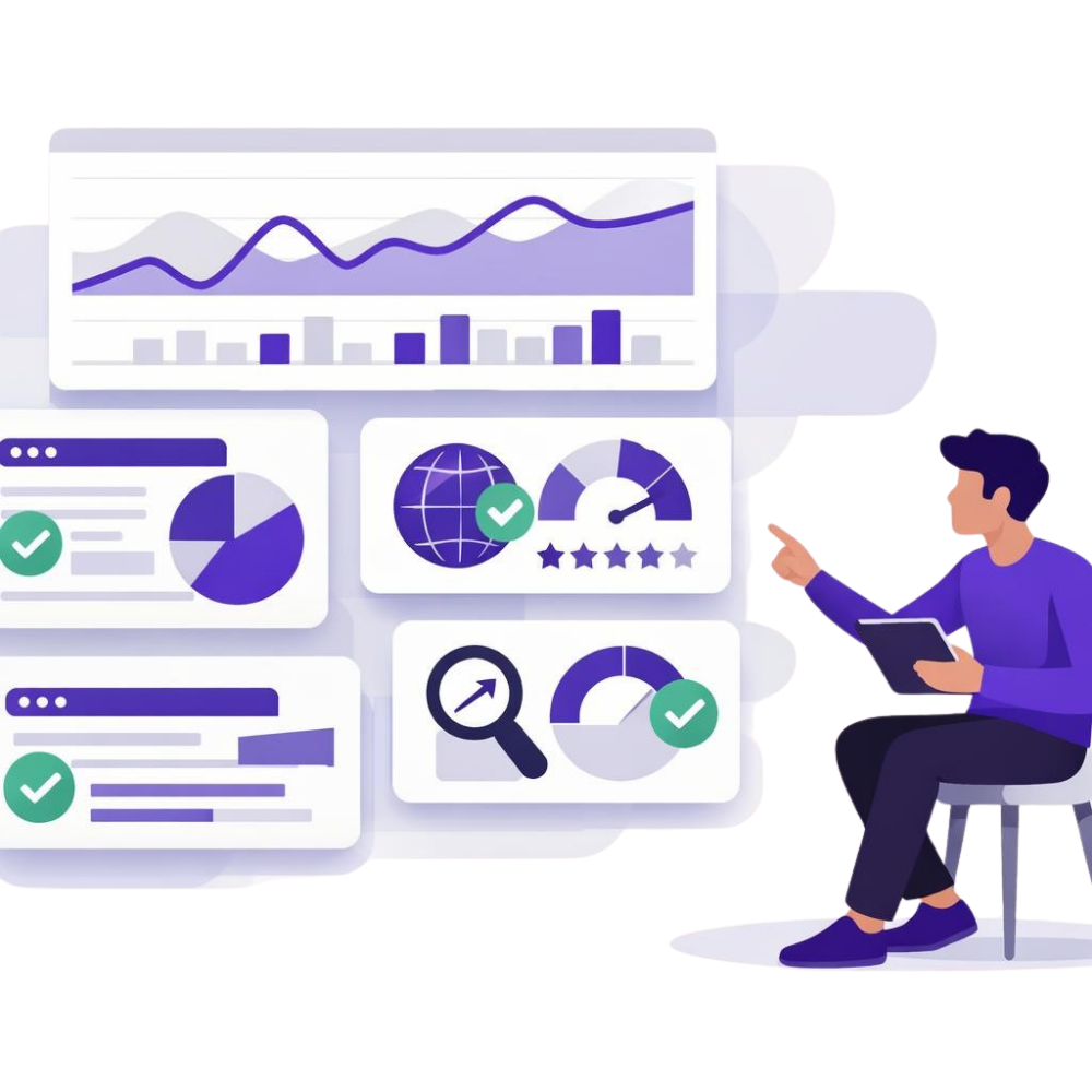 Illustratie van een marketeer die een overzicht bekijkt met geplaatste backlinks, domeinen en SEO-metrics